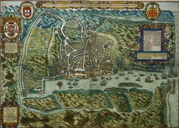 Kaart van de Stad en Portugese Haven van Goa, India, 1595